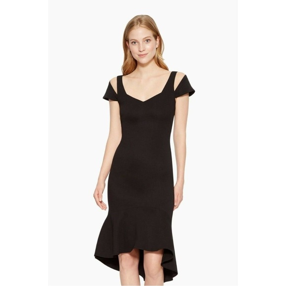 Parker Grace Dress Midi Cap Mesh Sleeve Ruffle Hem Black Size 6 Crepe Cocktail - Picture 2 of 14